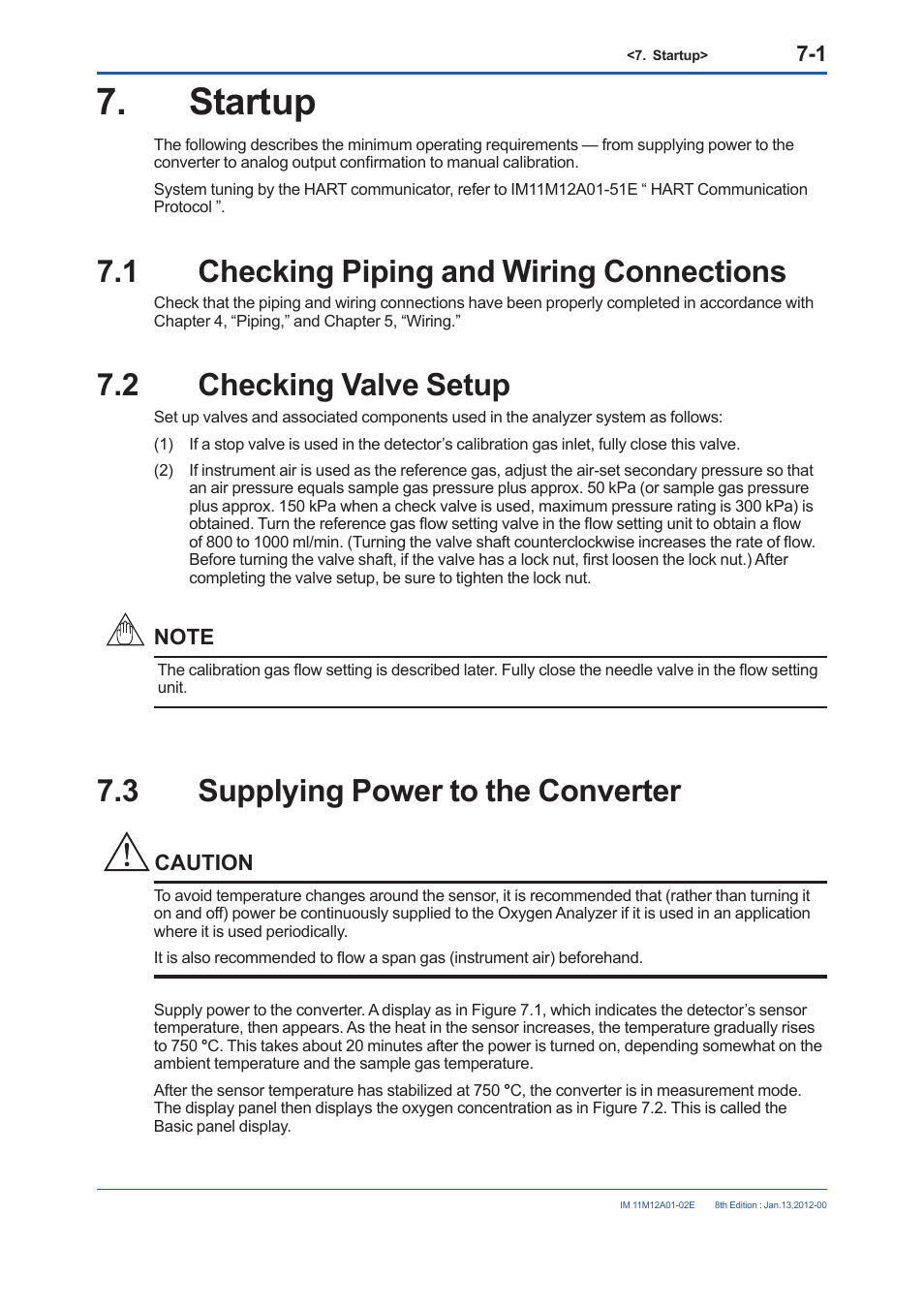 Startup, 1 checking piping and wiring connections, 2 checking valve setup | 3 supplying power to the converter, Startup -1, Checking piping and wiring connections -1, Checking valve setup -1, Supplying power to the converter -1 | Yokogawa Integral Oxygen Analyzer ZR202 User Manual | Page 89 / 190