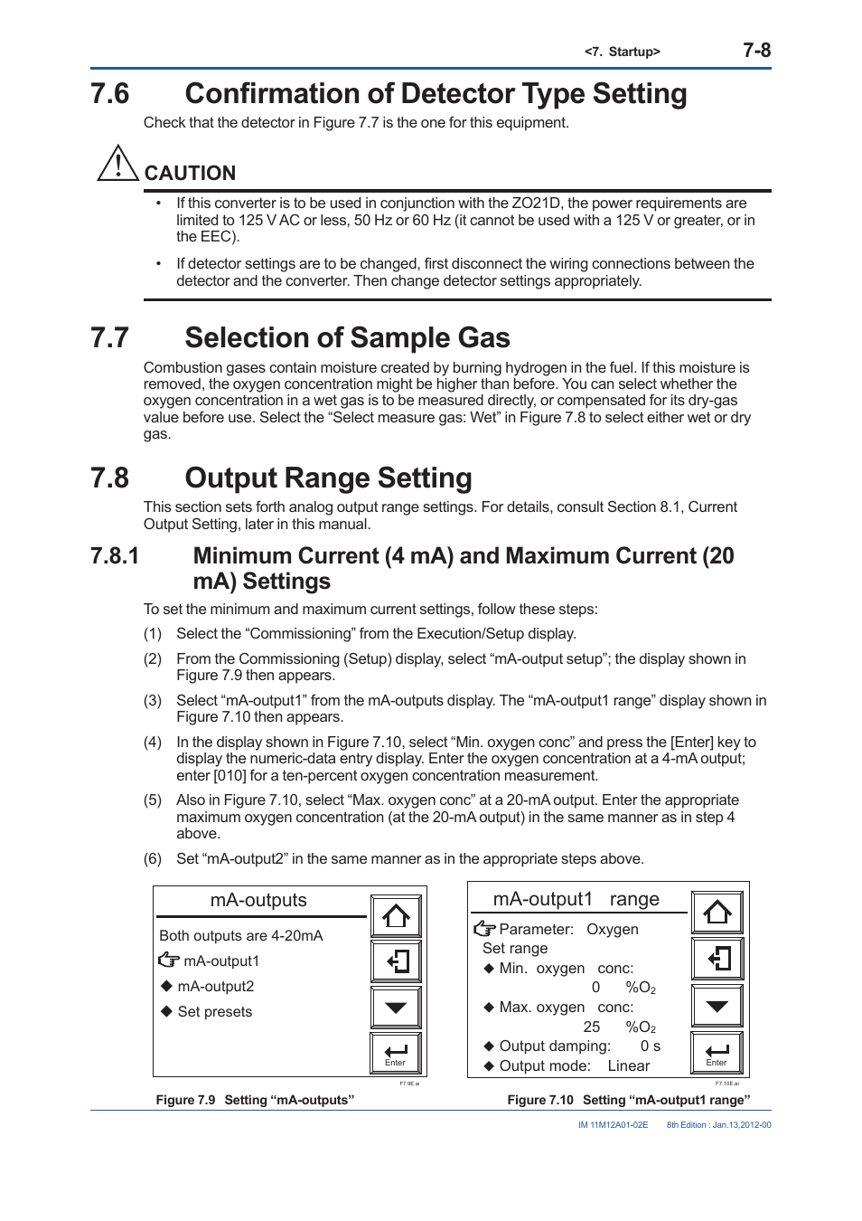 6 confirmation of detector type setting, 7 selection of sample gas, 8 output range setting | Confirmation of detector type setting -8, Selection of sample gas -8, Output range setting -8 7.8.1, Minimum current (4 ma) and maximum current (20 ma), Settings -8, Caution, Ma-output1 range | Yokogawa Integral Oxygen Analyzer ZR202 User Manual | Page 96 / 190