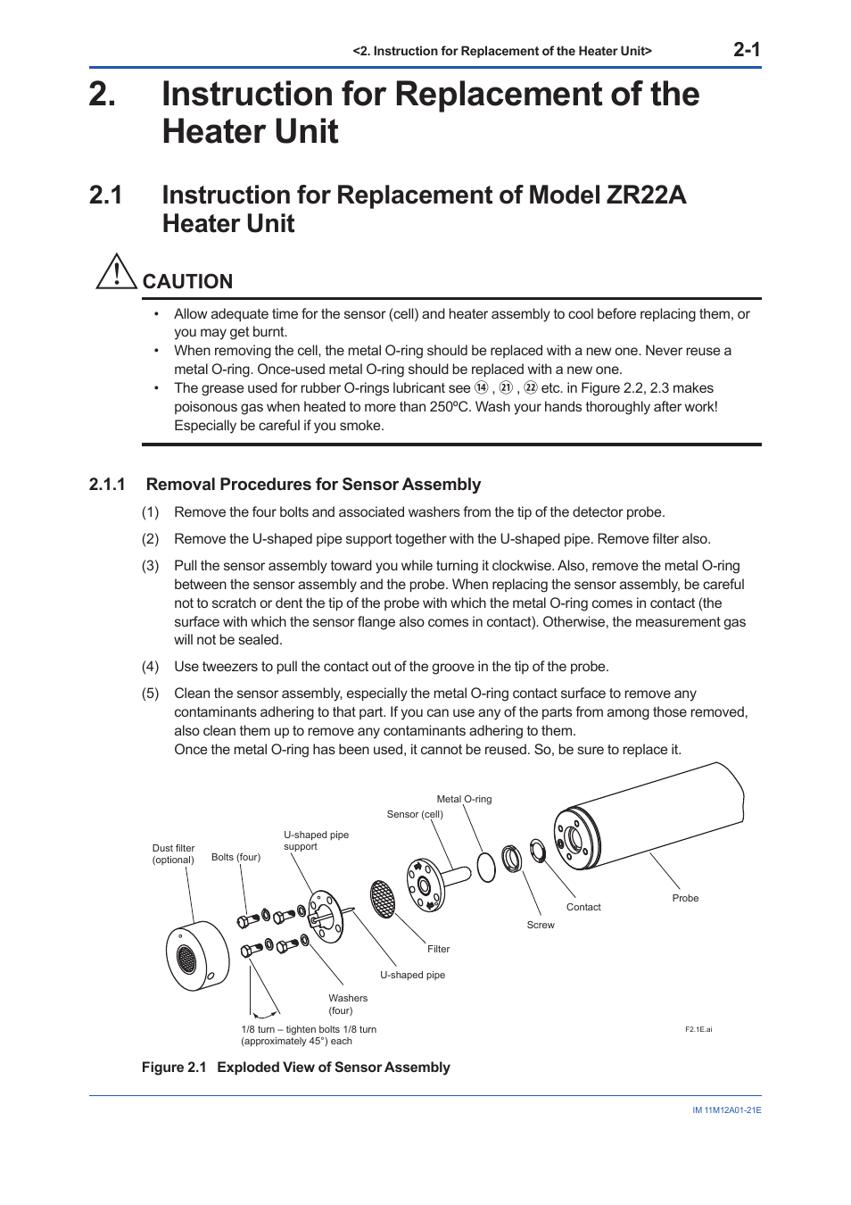 Instruction for replacement of the heater unit, 1 removal procedures for sensor assembly, Instruction for replacement of the heater unit -1 | Removal procedures for sensor assembly -1, Caution | Yokogawa Integral Oxygen Analyzer ZR202 User Manual | Page 10 / 21