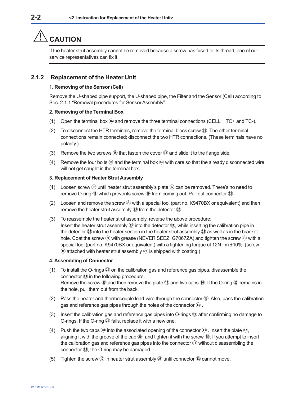 2 replacement of the heater unit, Replacement of the heater unit -2, Caution | Yokogawa Integral Oxygen Analyzer ZR202 User Manual | Page 11 / 21