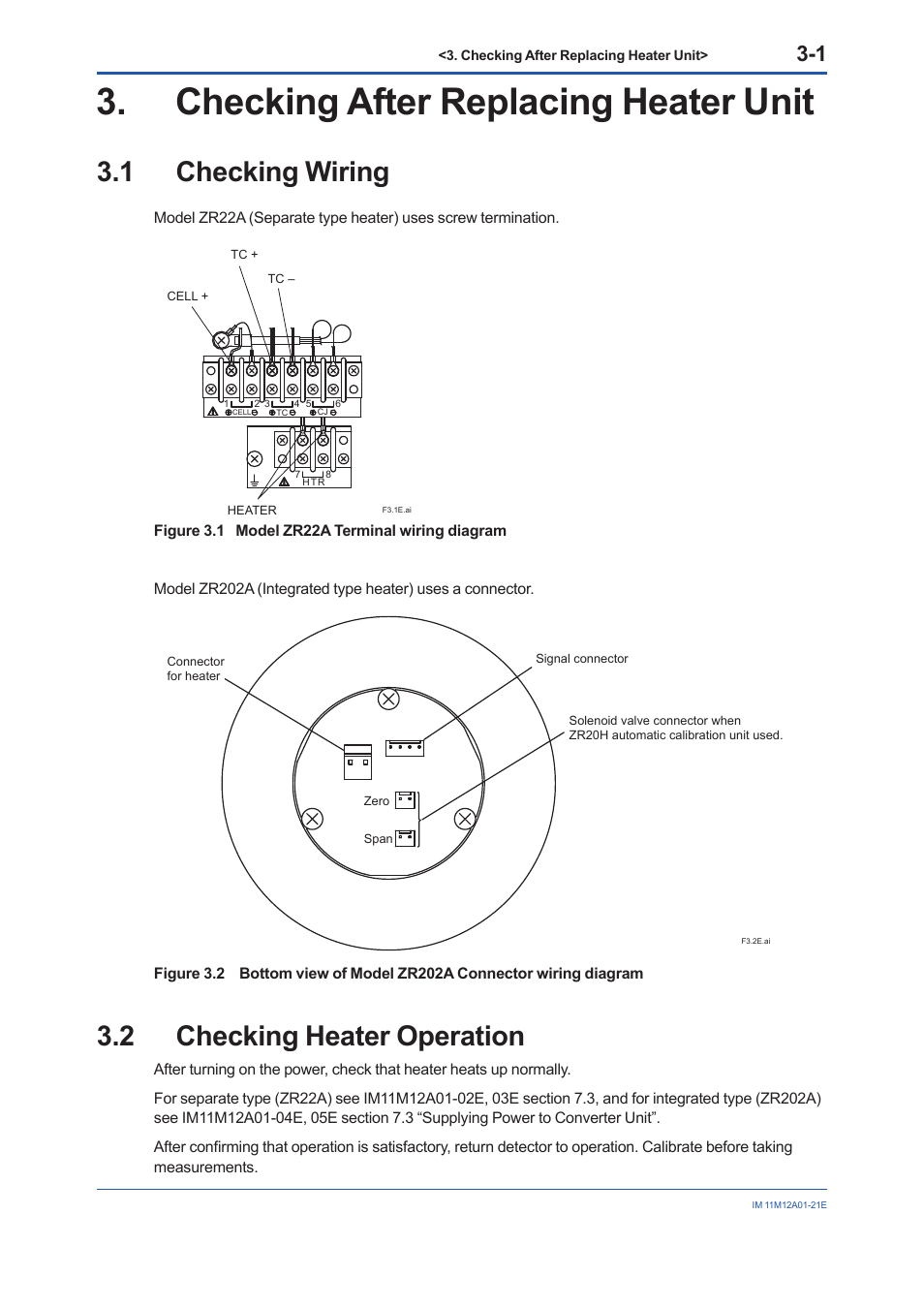 Checking after replacing heater unit, 1 checking wiring, 2 checking heater operation | Checking after replacing heater unit -1, Checking wiring -1, Checking heater operation -1 | Yokogawa Integral Oxygen Analyzer ZR202 User Manual | Page 18 / 21
