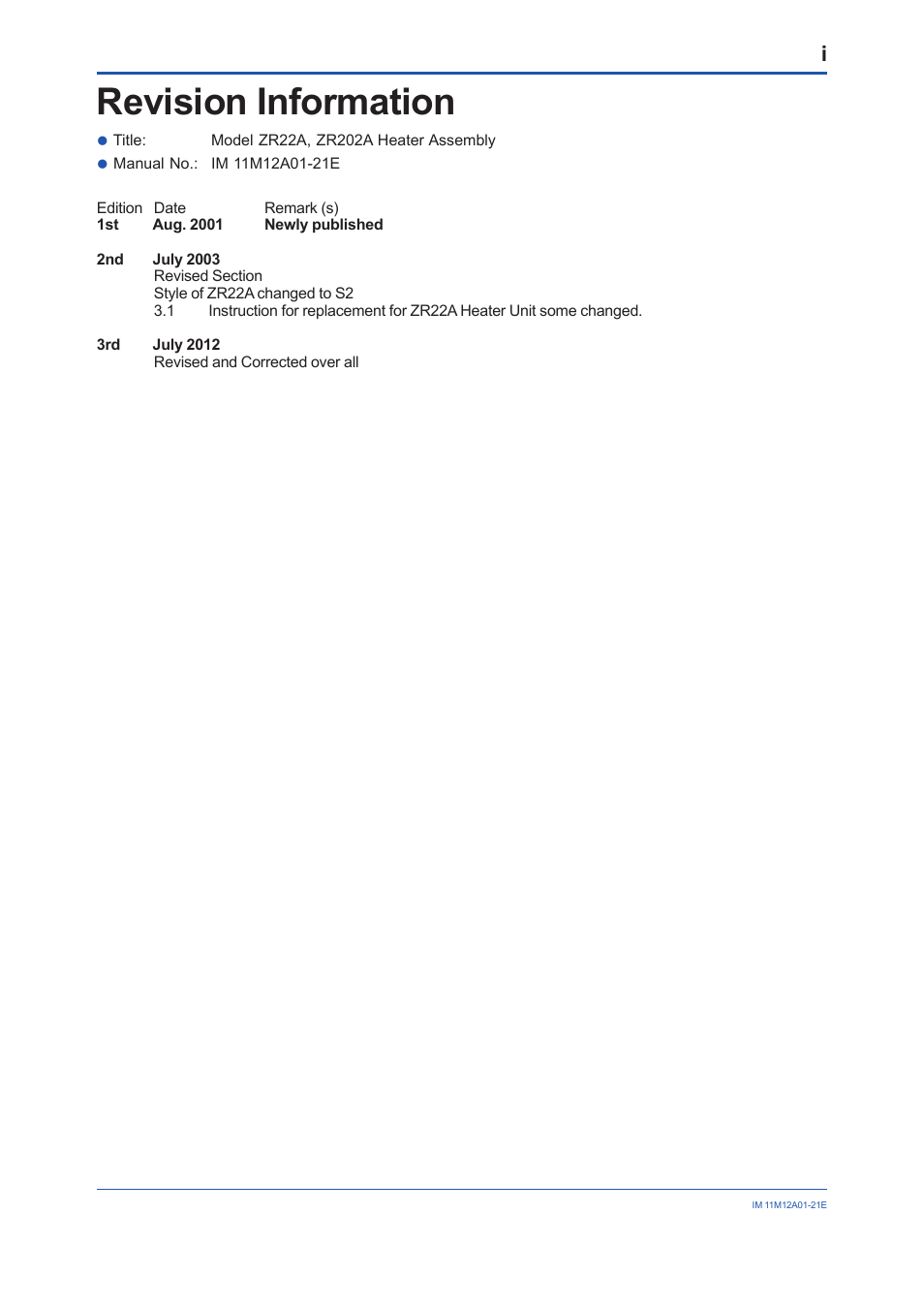 Revision information | Yokogawa Integral Oxygen Analyzer ZR202 User Manual | Page 20 / 21