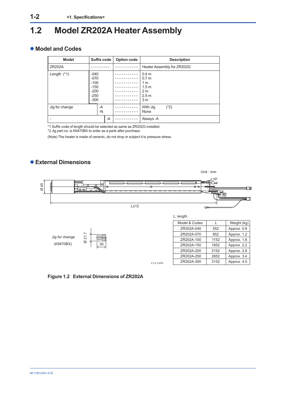 2 model zr202a heater assembly, Model zr202a heater assembly -2, Lmodel and codes | Lexternal dimensions | Yokogawa Integral Oxygen Analyzer ZR202 User Manual | Page 9 / 21