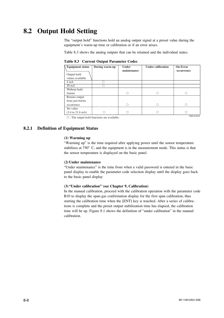 2 output hold setting, 1 definition of equipment status, Default values -8 | Alarm setting -9 | Yokogawa Integral Oxygen Analyzer ZR202 User Manual | Page 103 / 181