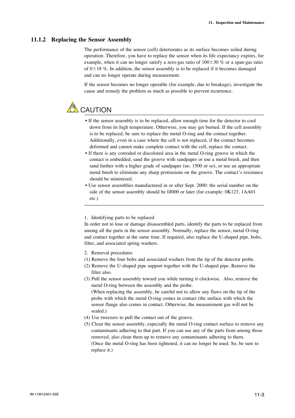 2 replacing the sensor assembly, 2 replacing the sensor assembly -3, Caution | Yokogawa Integral Oxygen Analyzer ZR202 User Manual | Page 154 / 181