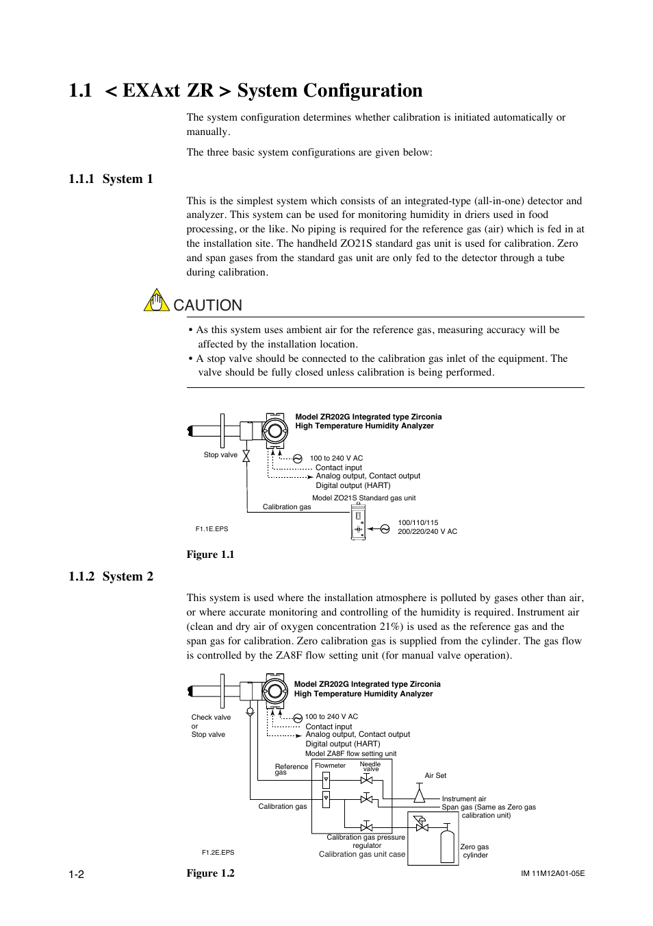 1 < exaxt zr > system configuration, 1 system 1, 2 system 2 | Exaxt zr > system configuration -2, System 1 -2, System 2 -2, Caution | Yokogawa Integral Oxygen Analyzer ZR202 User Manual | Page 16 / 181