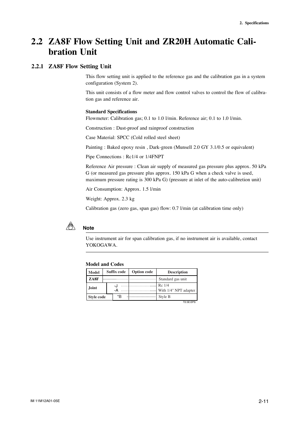 1 za8f flow setting unit, Za8f flow setting unit -11 | Yokogawa Integral Oxygen Analyzer ZR202 User Manual | Page 29 / 181