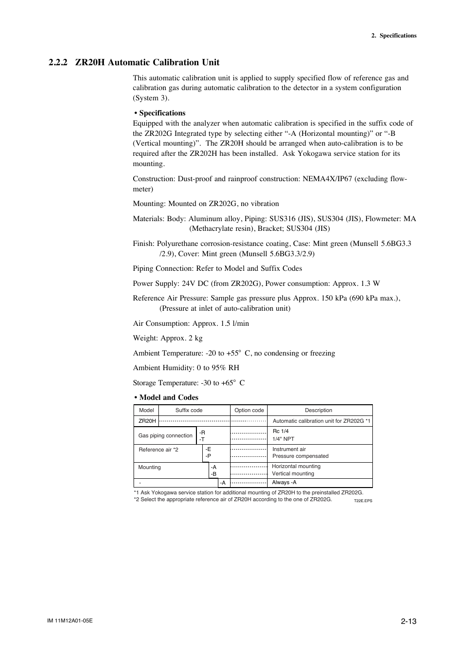 2 zr20h automatic calibration unit, Zr20h automatic calibration unit -13 | Yokogawa Integral Oxygen Analyzer ZR202 User Manual | Page 31 / 181