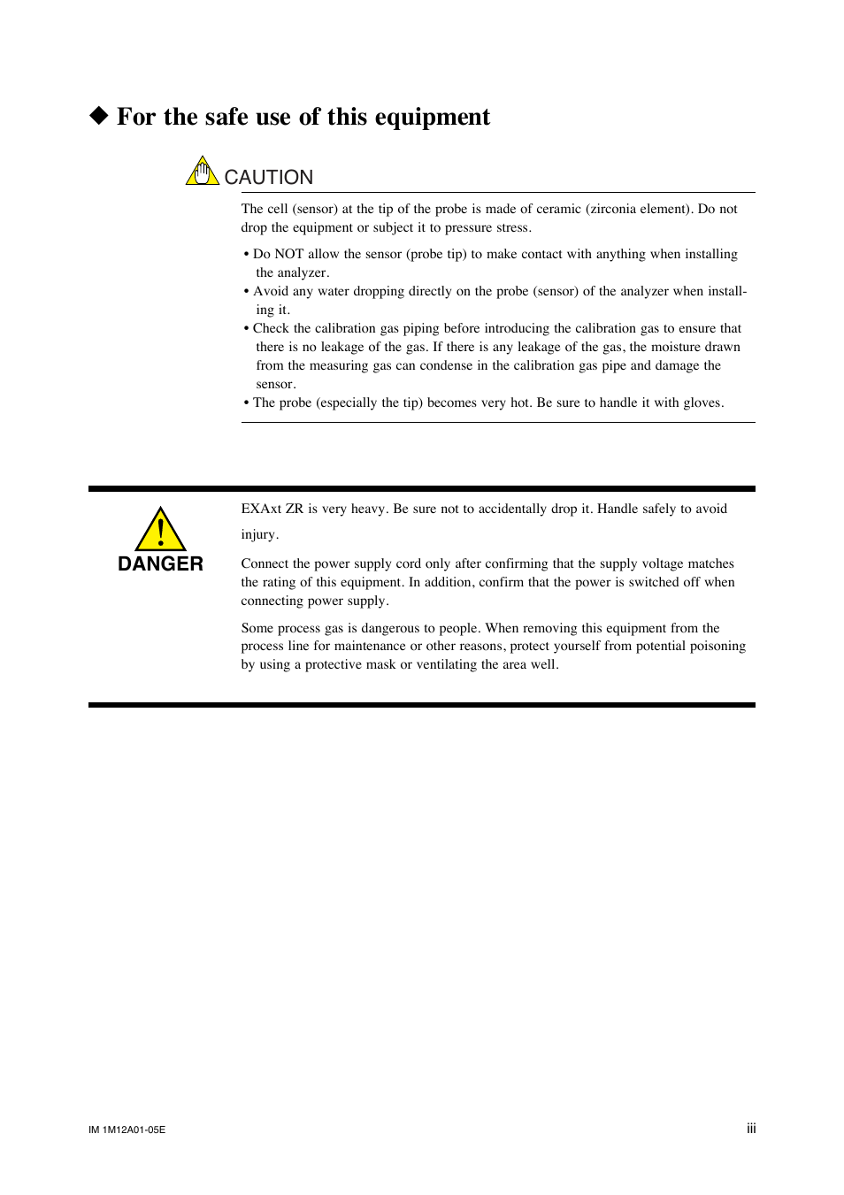 R for the safe use of this equipment, Rfor the safe use of this equipment, Caution | Danger | Yokogawa Integral Oxygen Analyzer ZR202 User Manual | Page 4 / 181