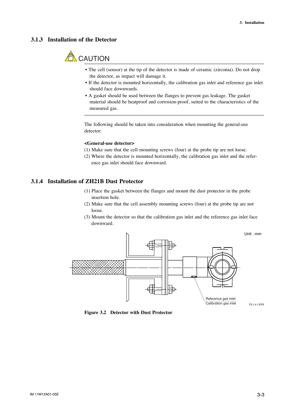 3 installation of the detector, 4 installation of zh21b dust protector, Installation of the detector -3 | Installation of zh21b dust protector -3, Caution | Yokogawa Integral Oxygen Analyzer ZR202 User Manual | Page 43 / 181