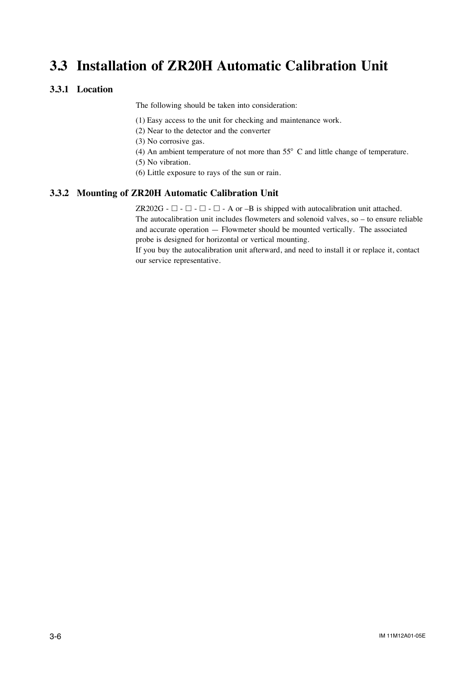 3 installation of zr20h automatic calibration unit, 1 location, 2 mounting of zr20h automatic calibration unit | Location -6, Mounting of zr20h automatic calibration unit -6 | Yokogawa Integral Oxygen Analyzer ZR202 User Manual | Page 46 / 181