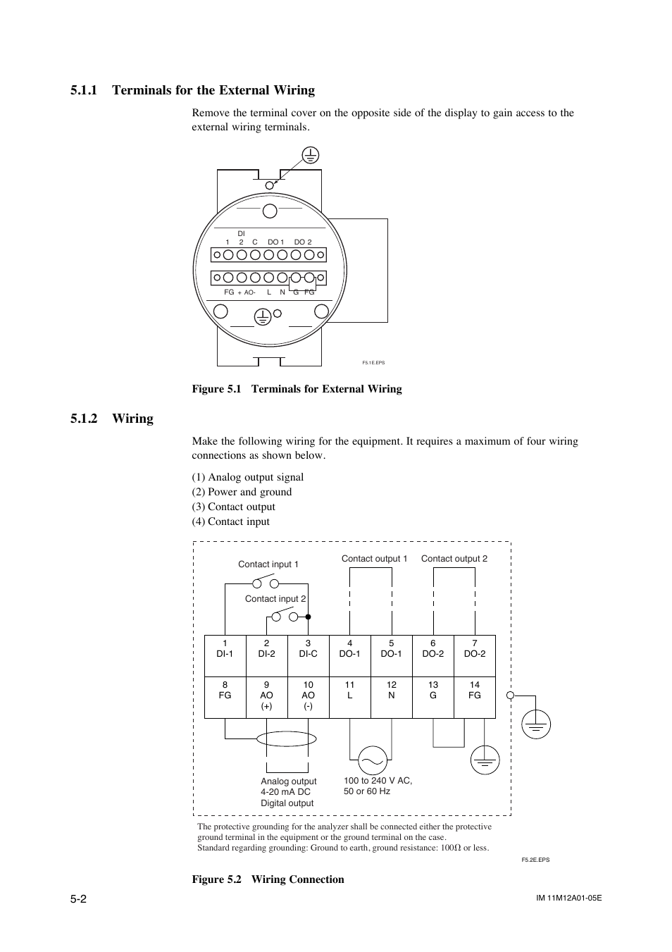 1 terminals for the external wiring, 2 wiring, Wiring procedure -4 | Wiring power and ground terminals -5, Figure 5.1 terminals for external wiring, Figure 5.2 wiring connection | Yokogawa Integral Oxygen Analyzer ZR202 User Manual | Page 65 / 181