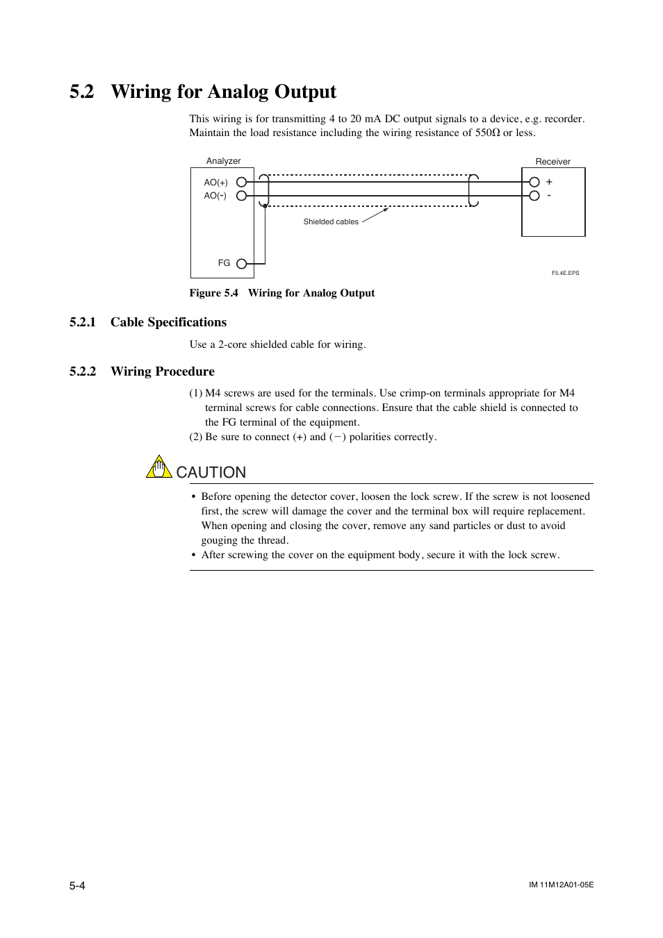 2 wiring for analog output, 1 cable specifications, 2 wiring procedure | Wiring for ground terminals -5, Wiring for contact output -6, Cable specifications -6, Caution | Yokogawa Integral Oxygen Analyzer ZR202 User Manual | Page 67 / 181