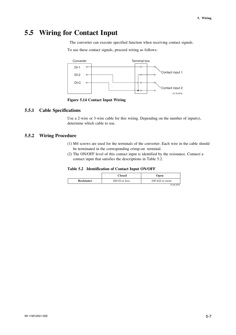 5 wiring for contact input, 1 cable specifications, 2 wiring procedure | Zr202g high-temperature humidity analyzer -1 | Yokogawa Integral Oxygen Analyzer ZR202 User Manual | Page 70 / 181