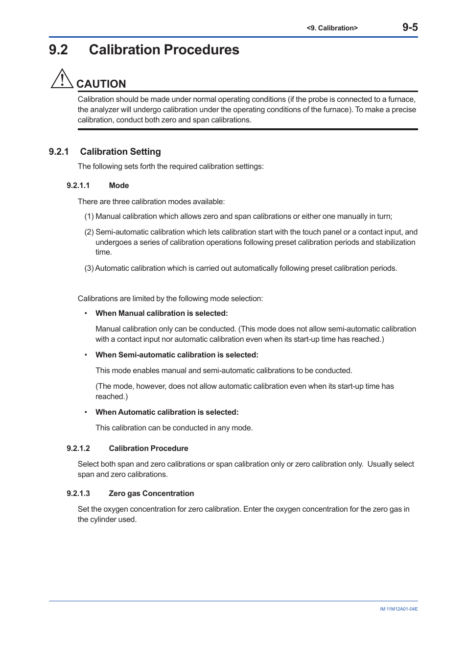 2 calibration procedures, 1 calibration setting, Calibration procedures -5 9.2.1 | Calibration setting -5, Caution | Yokogawa Integral Oxygen Analyzer ZR202 User Manual | Page 106 / 157