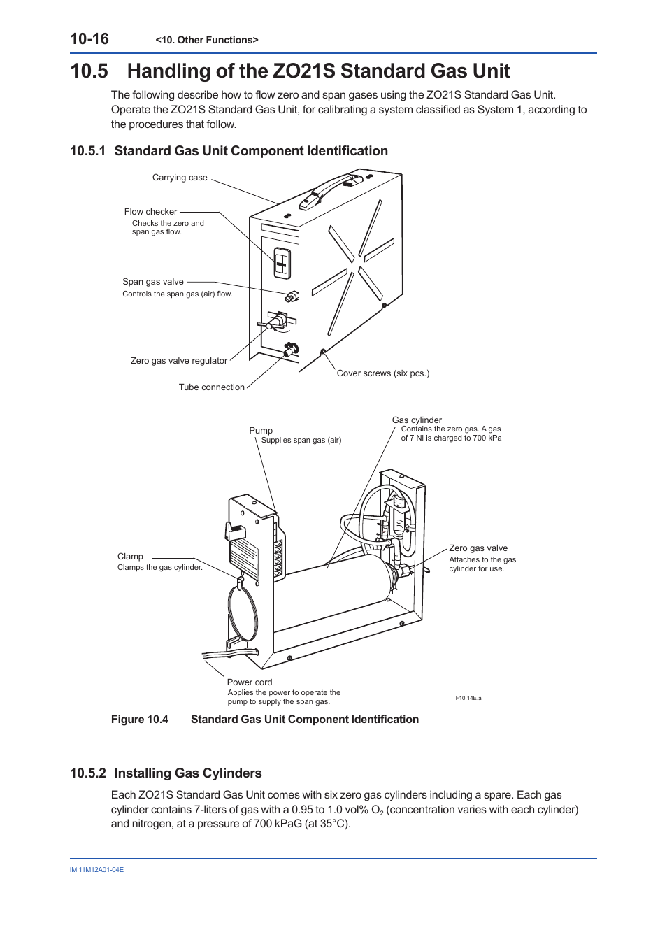 5 handling of the zo21s standard gas unit, 1 standard gas unit component identification, 2 installing gas cylinders | Handling of the zo21s standard gas unit -16 10.5.1, Standard gas unit component identification -16, Installing gas cylinders -16 | Yokogawa Integral Oxygen Analyzer ZR202 User Manual | Page 125 / 157