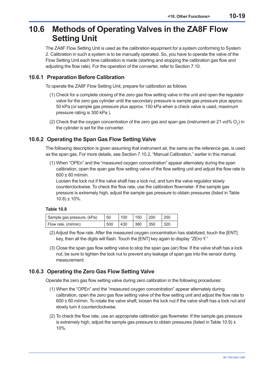 1 preparation before calibration, 2 operating the span gas flow setting valve, 3 operating the zero gas flow setting valve | Preparation before calibration -19, Operating the span gas flow setting valve -19, Operating the zero gas flow setting valve -19 | Yokogawa Integral Oxygen Analyzer ZR202 User Manual | Page 128 / 157