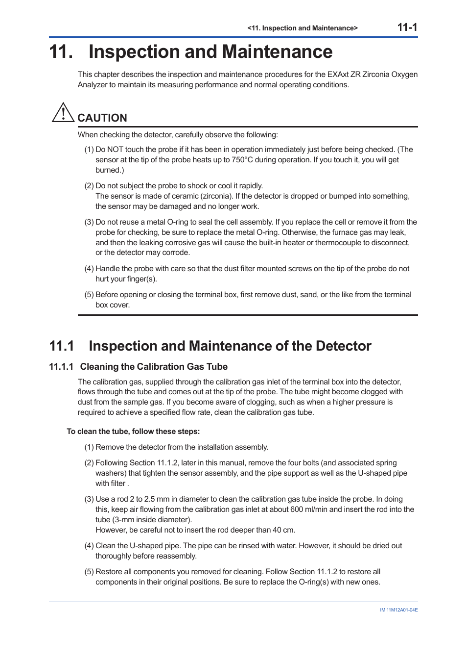 Inspection and maintenance, 1 inspection and maintenance of the detector, 1 cleaning the calibration gas tube | Inspection and maintenance -1, Cleaning the calibration gas tube -1, Caution | Yokogawa Integral Oxygen Analyzer ZR202 User Manual | Page 130 / 157