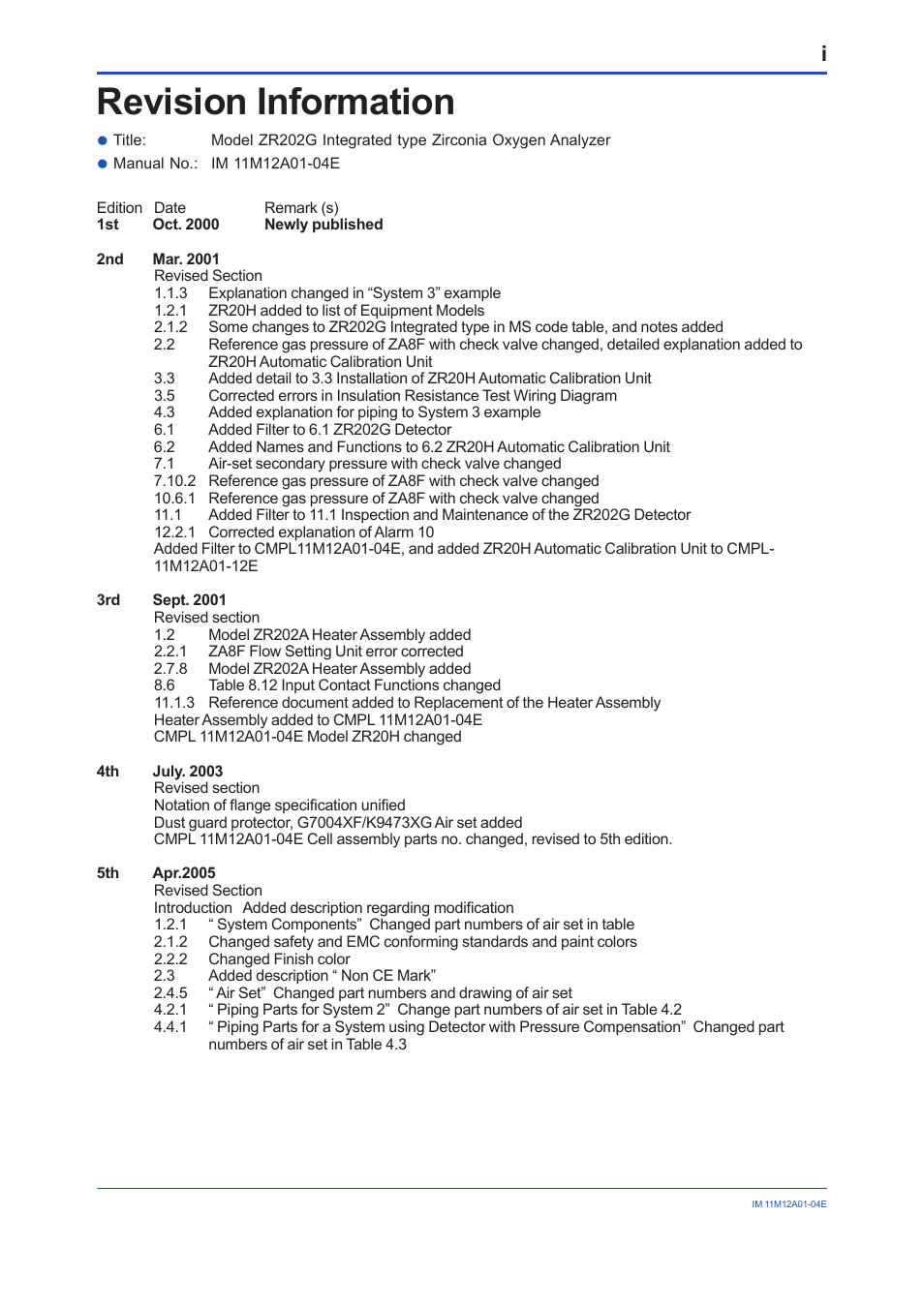 Revision information | Yokogawa Integral Oxygen Analyzer ZR202 User Manual | Page 156 / 157
