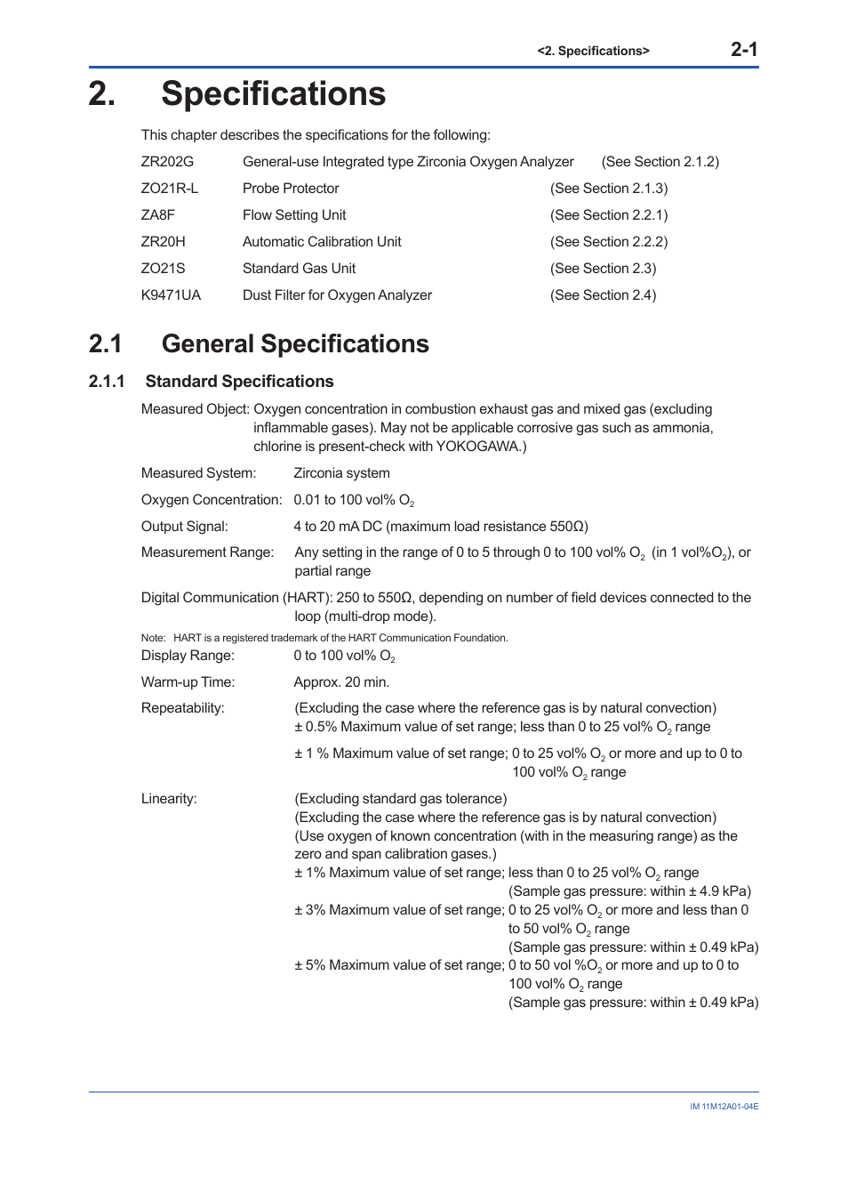 Specifications, 1 general specifications, 1 standard specifications | Specifications -1, General specifications -1 2.1.1, Standard specifications -1 | Yokogawa Integral Oxygen Analyzer ZR202 User Manual | Page 20 / 157