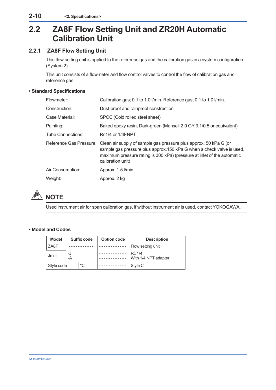 1 za8f flow setting unit, Za8f flow setting unit -10 | Yokogawa Integral Oxygen Analyzer ZR202 User Manual | Page 29 / 157