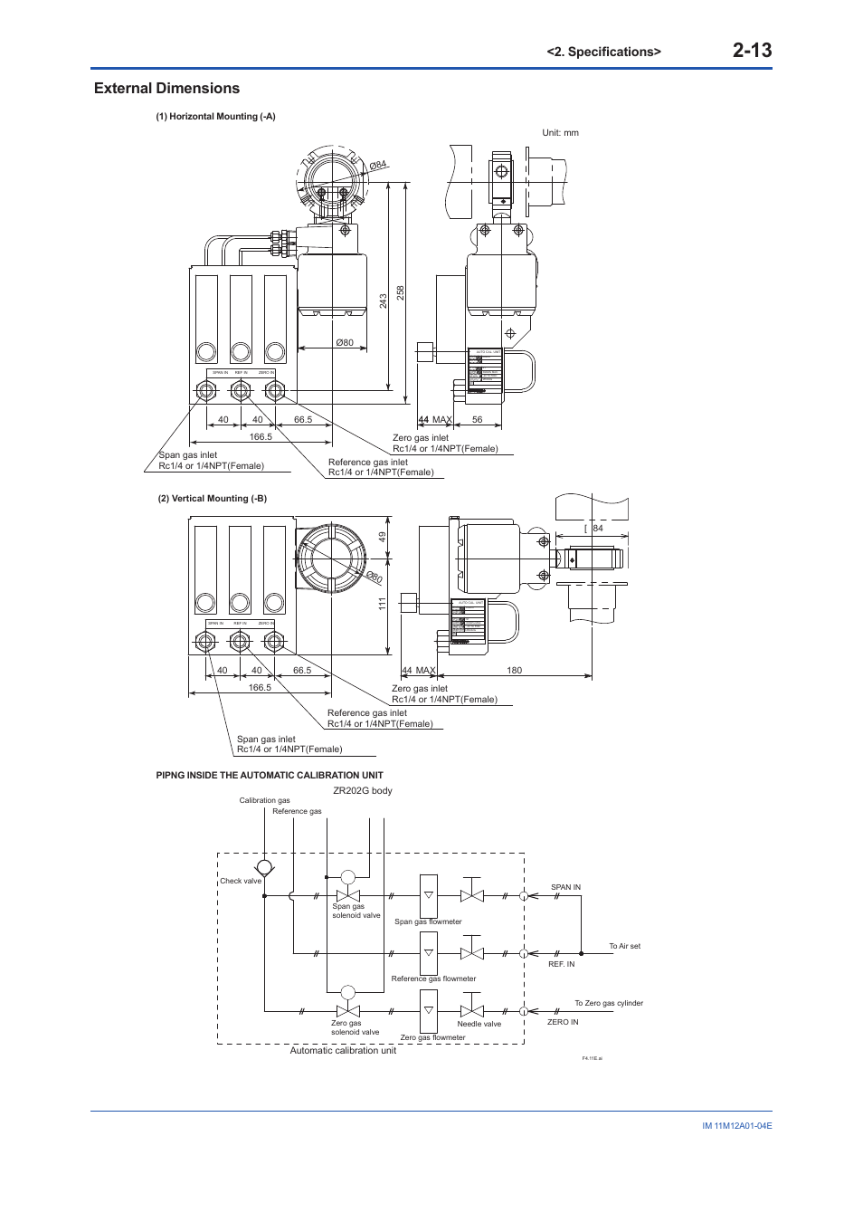 External dimensions, Specifications, Used with | Amb.temp | Yokogawa Integral Oxygen Analyzer ZR202 User Manual | Page 32 / 157