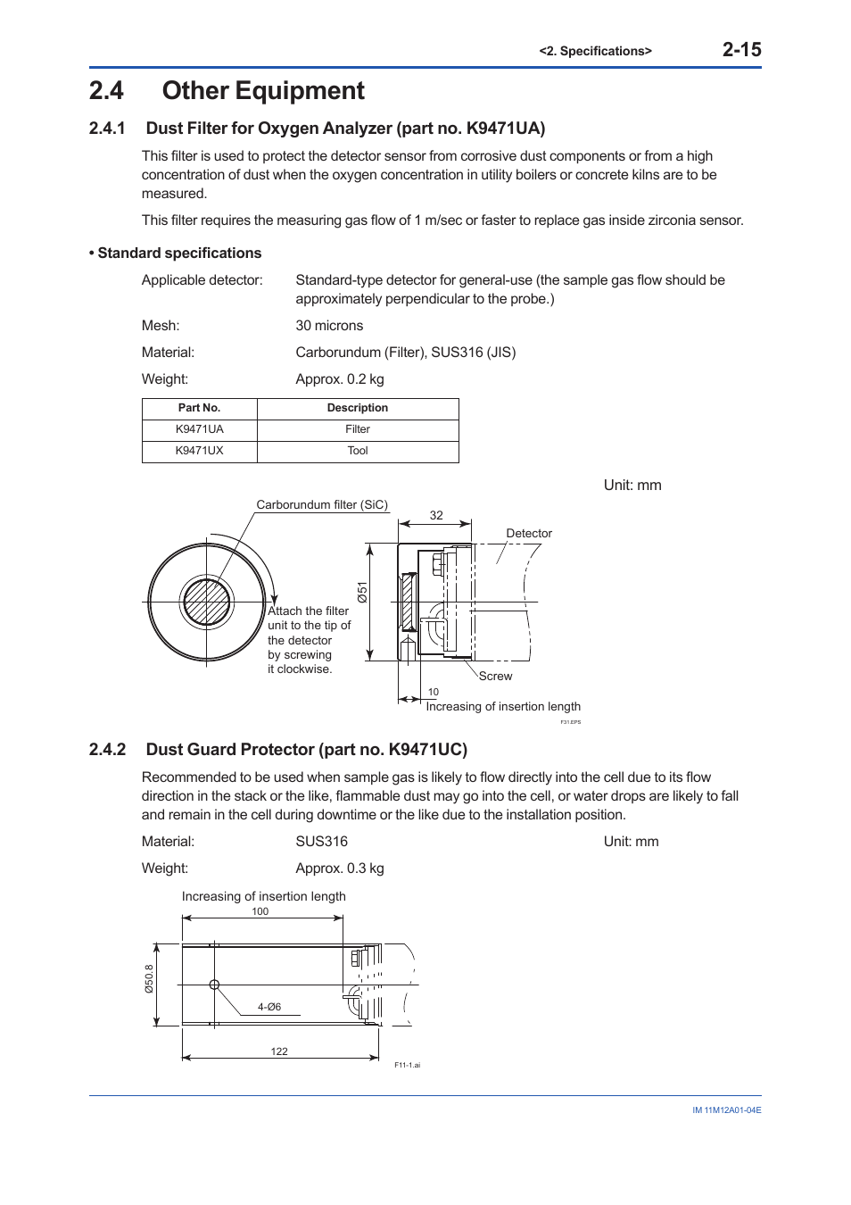 4 other equipment, 2 dust guard protector (part no. k9471uc), Other equipment -15 2.4.1 | Dust guard protector (part no. k9471uc) -15 | Yokogawa Integral Oxygen Analyzer ZR202 User Manual | Page 34 / 157
