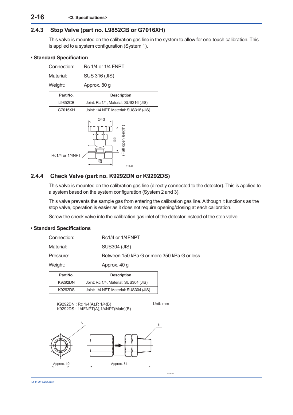 3 stop valve (part no. l9852cb or g7016xh), 4 check valve (part no. k9292dn or k9292ds), Stop valve (part no. l9852cb or g7016xh) -16 | Check valve (part no. k9292dn or k9292ds) -16 | Yokogawa Integral Oxygen Analyzer ZR202 User Manual | Page 35 / 157
