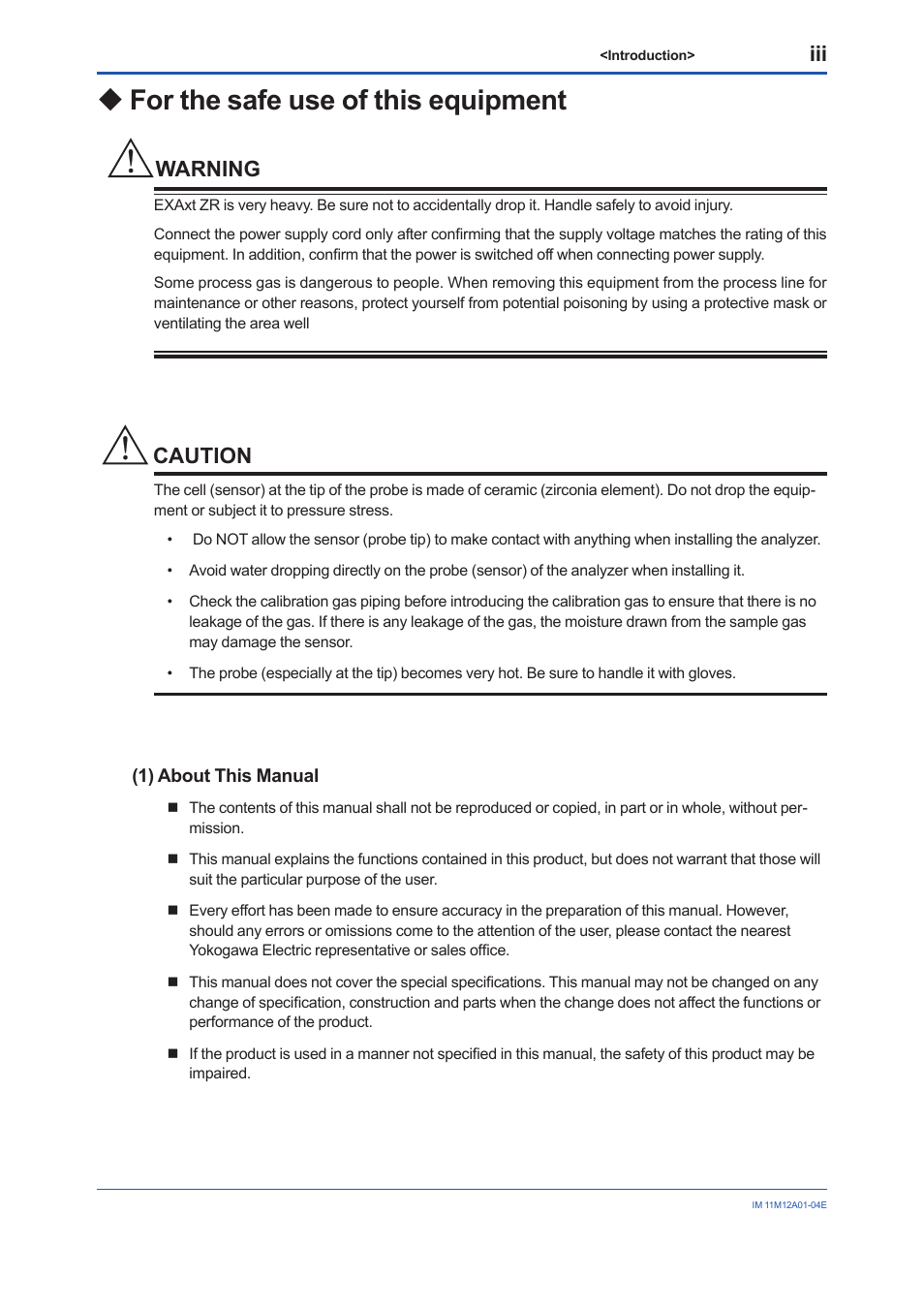 For the safe use of this equipment, Warning, Caution | Yokogawa Integral Oxygen Analyzer ZR202 User Manual | Page 4 / 157