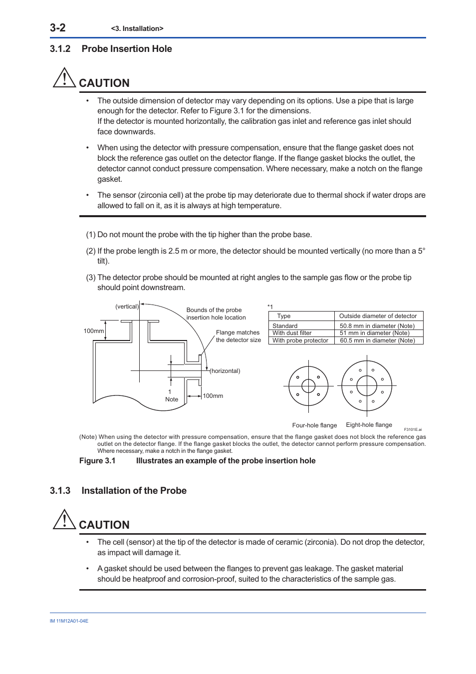 2 probe insertion hole, 3 installation of the probe, Probe insertion hole -2 | Installation of the probe -2, Caution | Yokogawa Integral Oxygen Analyzer ZR202 User Manual | Page 41 / 157