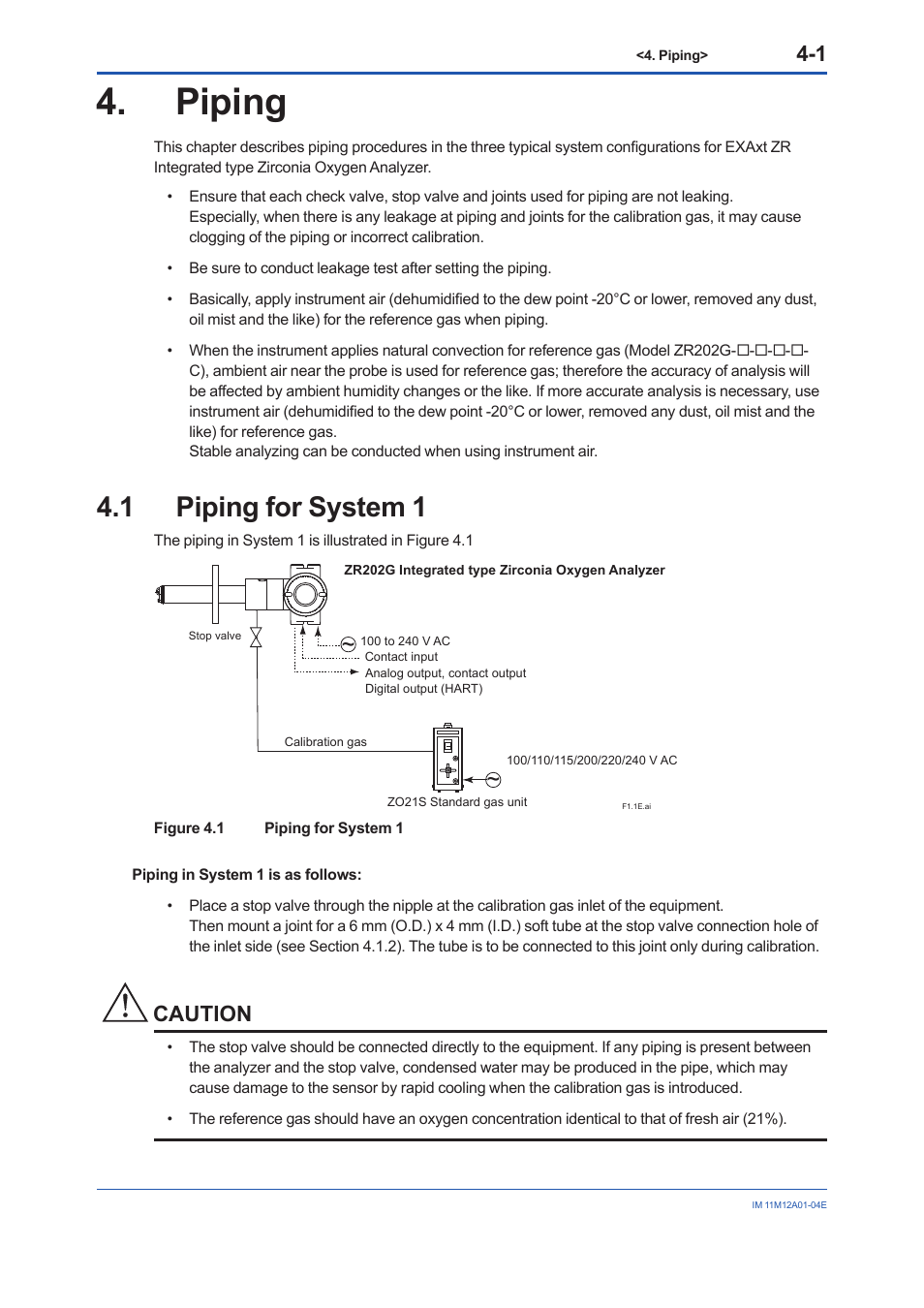 Piping, 1 piping for system 1, Piping -1 | Piping for system 1 -1, Caution | Yokogawa Integral Oxygen Analyzer ZR202 User Manual | Page 50 / 157