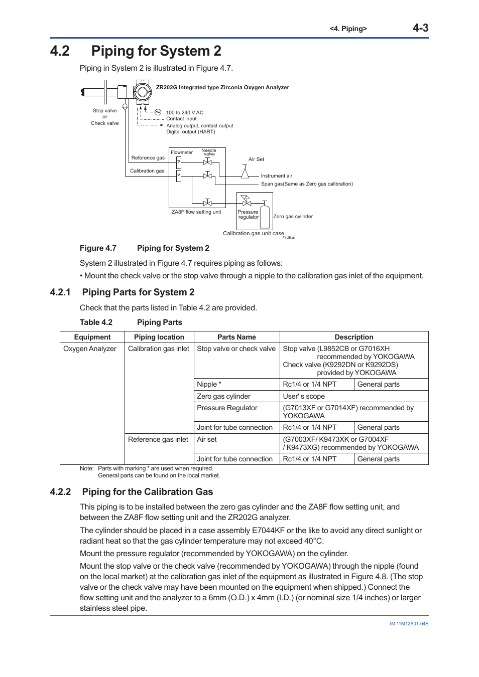 2 piping for system 2, 1 piping parts for system 2, 2 piping for the calibration gas | Piping for system 2 -3 4.2.1, Piping parts for system 2 -3, Piping for the calibration gas -3 | Yokogawa Integral Oxygen Analyzer ZR202 User Manual | Page 52 / 157
