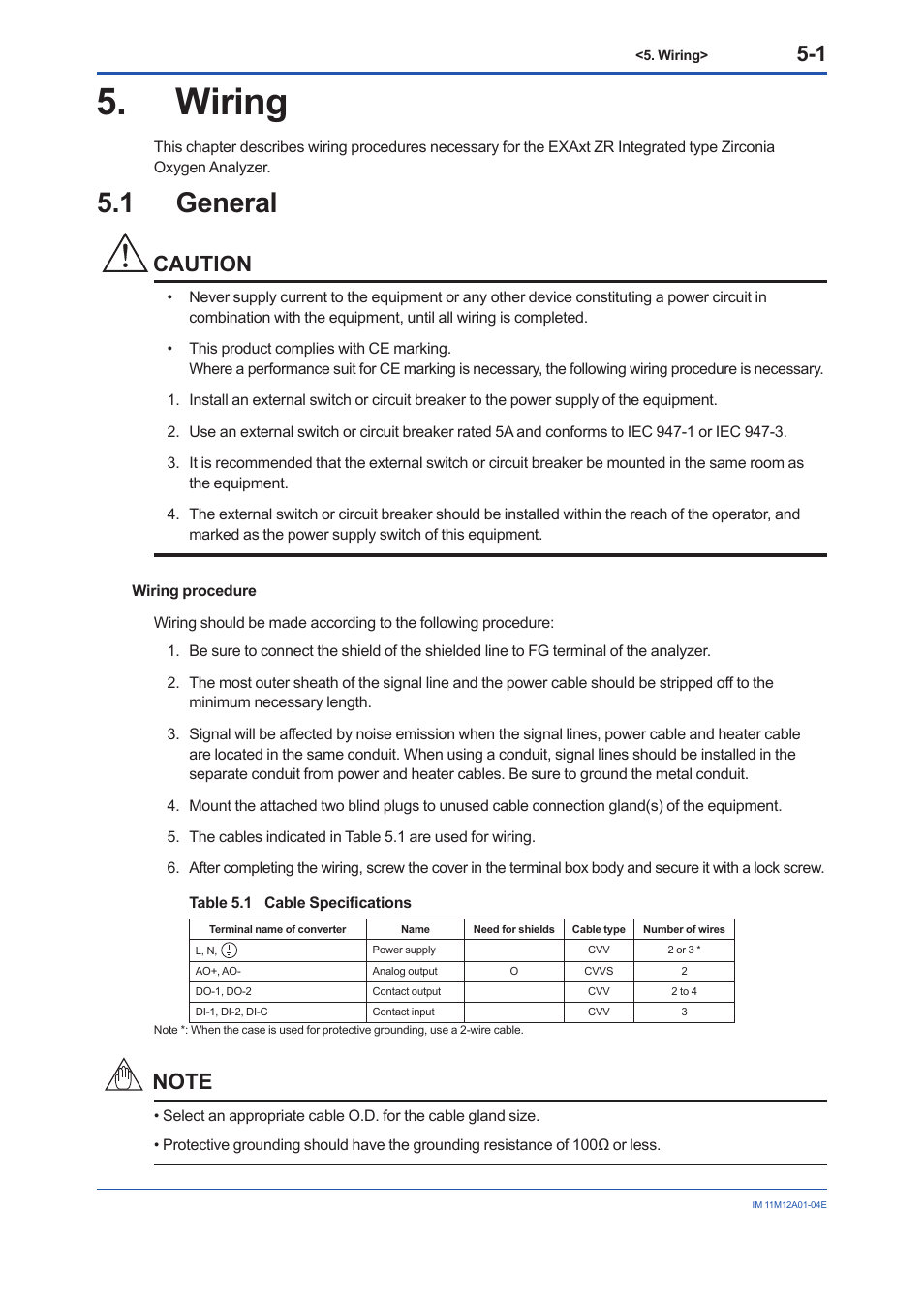 Wiring, 1 general, Wiring -1 | General -1, Caution | Yokogawa Integral Oxygen Analyzer ZR202 User Manual | Page 58 / 157