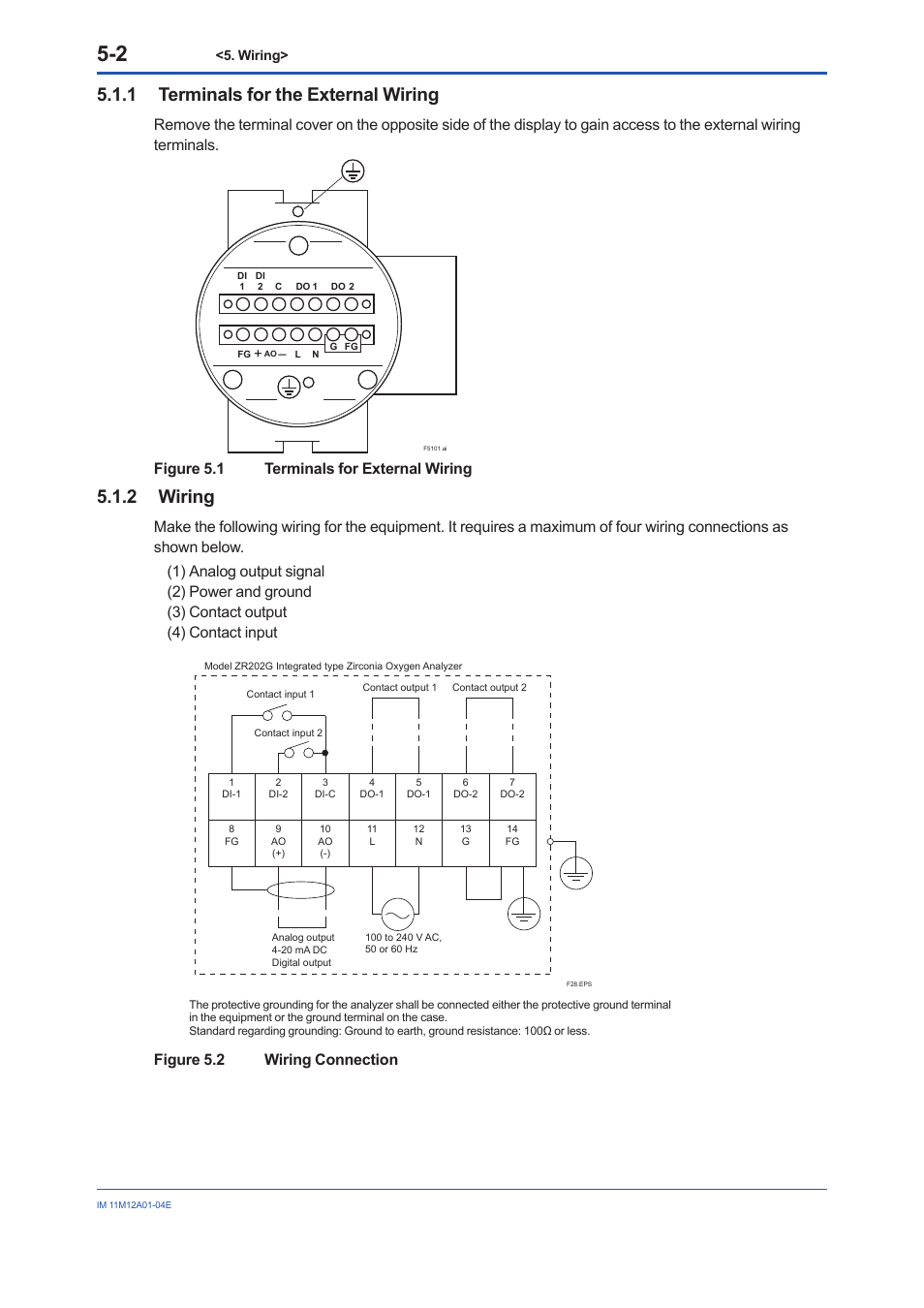 1 terminals for the external wiring, 2 wiring, Terminals for the external wiring -2 | Wiring -2, Figure 5.1 terminals for external wiring, Figure 5.2 wiring connection | Yokogawa Integral Oxygen Analyzer ZR202 User Manual | Page 59 / 157