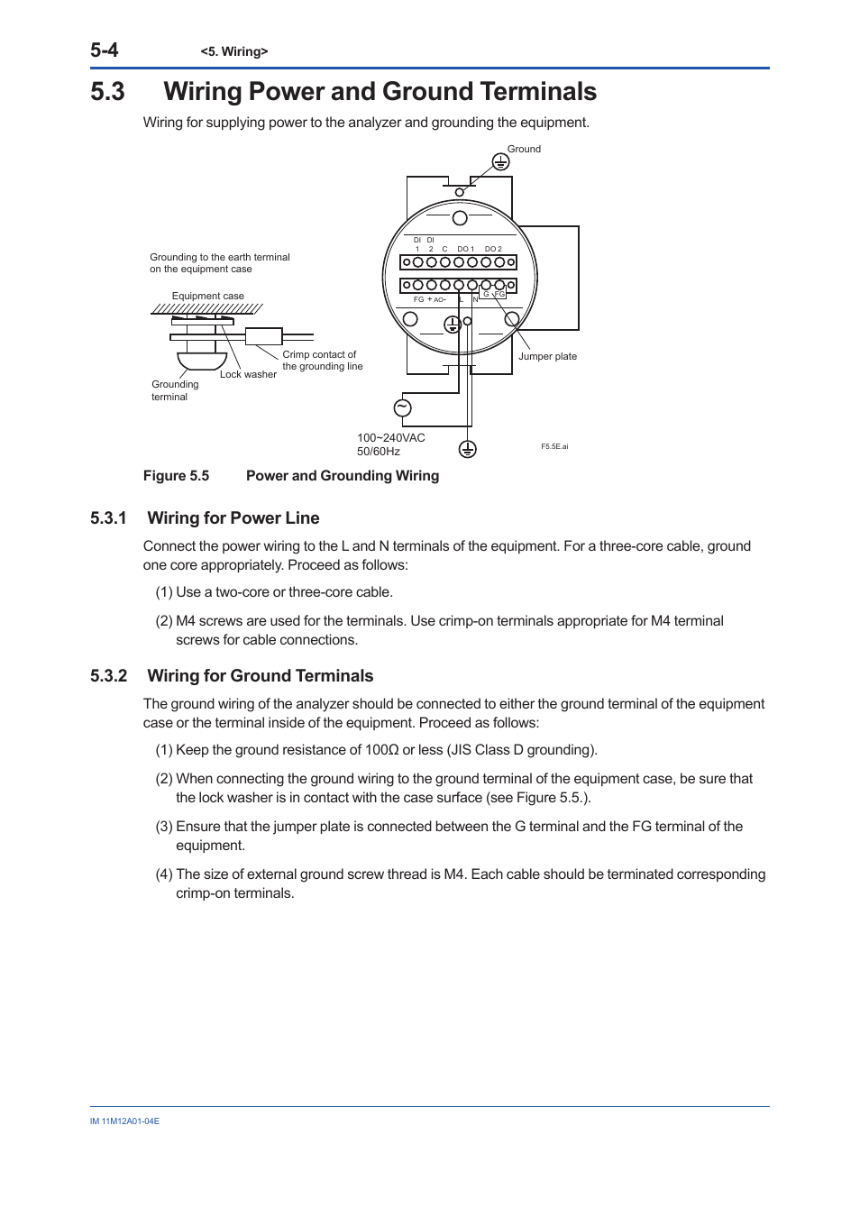 3 wiring power and ground terminals, 1 wiring for power line, 2 wiring for ground terminals | Wiring power and ground terminals -4 5.3.1, Wiring for power line -4, Wiring for ground terminals -4 | Yokogawa Integral Oxygen Analyzer ZR202 User Manual | Page 61 / 157