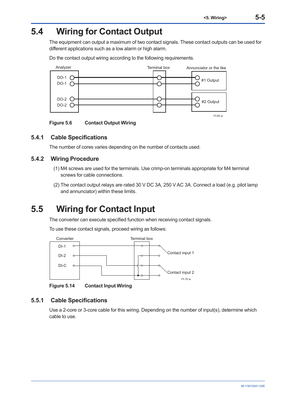 4 wiring for contact output, 1 cable specifications, 2 wiring procedure | 5 wiring for contact input, Wiring for contact output -5 5.4.1, Cable specifications -5, Wiring procedure -5, Wiring for contact input -5 5.5.1 | Yokogawa Integral Oxygen Analyzer ZR202 User Manual | Page 62 / 157