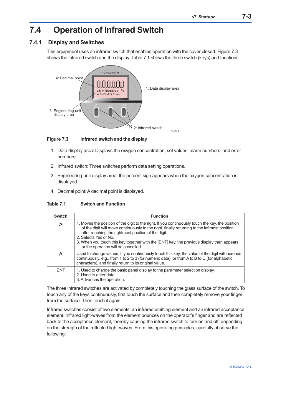 4 operation of infrared switch, 1 display and switches, Operation of infrared switch -3 7.4.1 | Display and switches -3 | Yokogawa Integral Oxygen Analyzer ZR202 User Manual | Page 68 / 157
