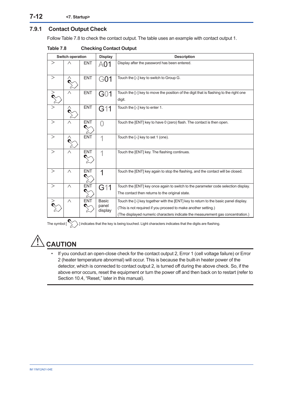 1 contact output check, Contact output check -12, G0 1 | G1 1, Caution | Yokogawa Integral Oxygen Analyzer ZR202 User Manual | Page 77 / 157