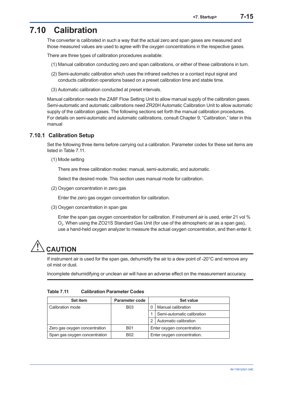 10 calibration, 1 calibration setup, Calibration -15 7.10.1 | Calibration setup -15, Caution | Yokogawa Integral Oxygen Analyzer ZR202 User Manual | Page 80 / 157