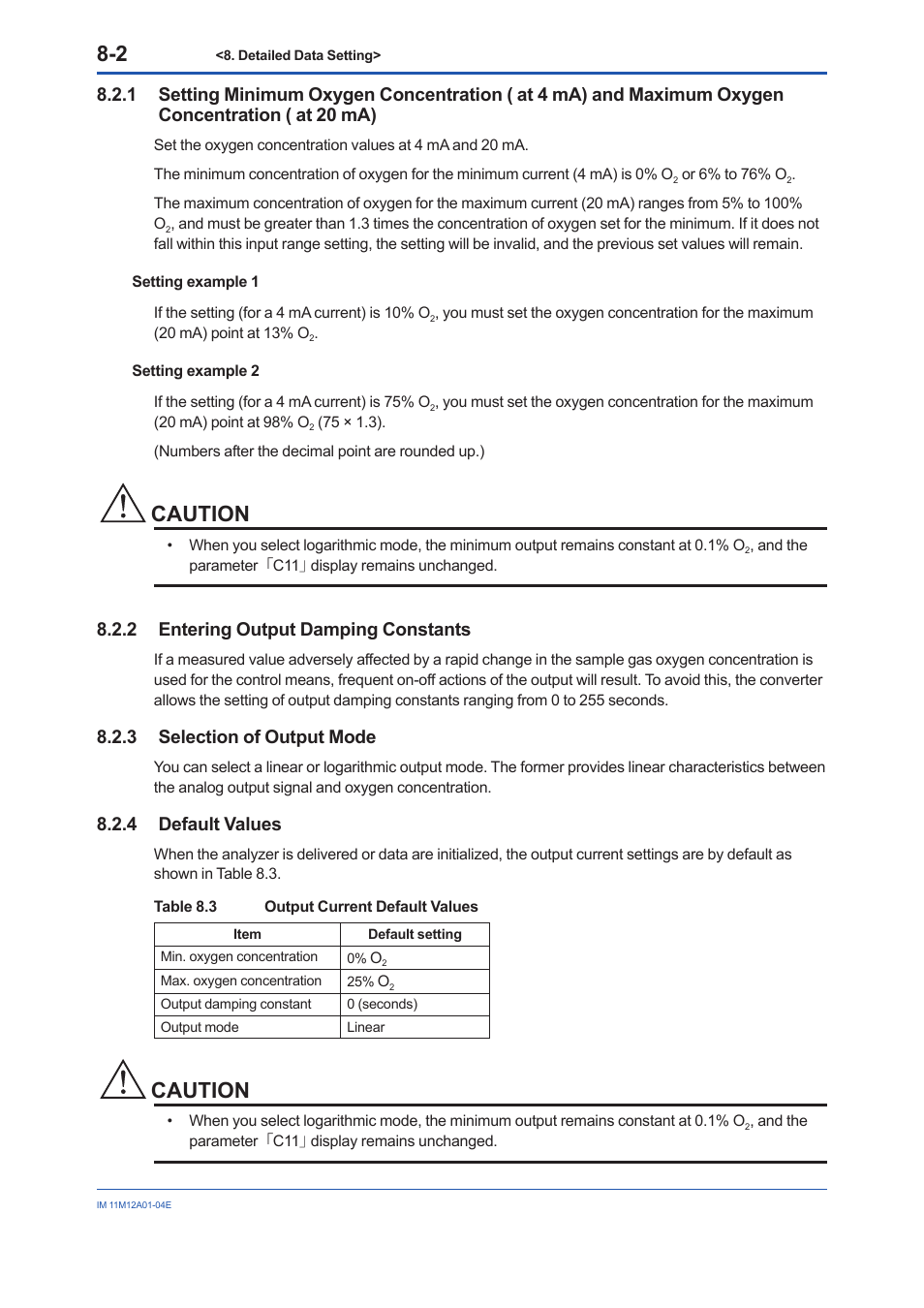 2 entering output damping constants, 3 selection of output mode, 4 default values | Oxygen concentration ( at 20 ma) -2, Entering output damping constants -2, Selection of output mode -2, Default values -2, Caution | Yokogawa Integral Oxygen Analyzer ZR202 User Manual | Page 85 / 157
