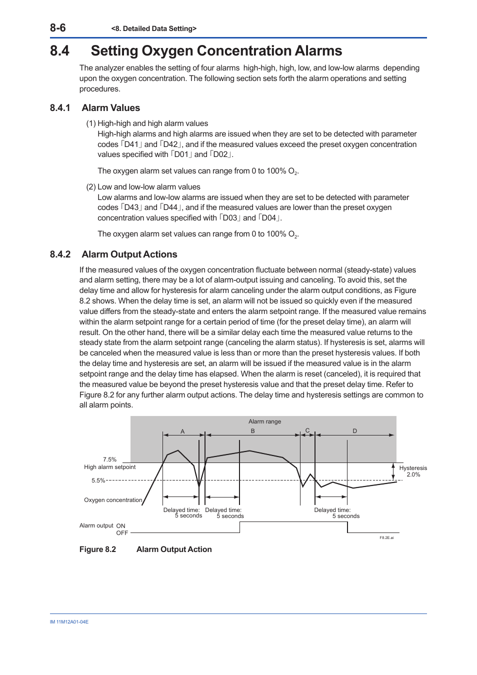 4 setting oxygen concentration alarms, 1 alarm values, 2 alarm output actions | Setting oxygen concentration alarms -6 8.4.1, Alarm values -6, Alarm output actions -6 | Yokogawa Integral Oxygen Analyzer ZR202 User Manual | Page 89 / 157