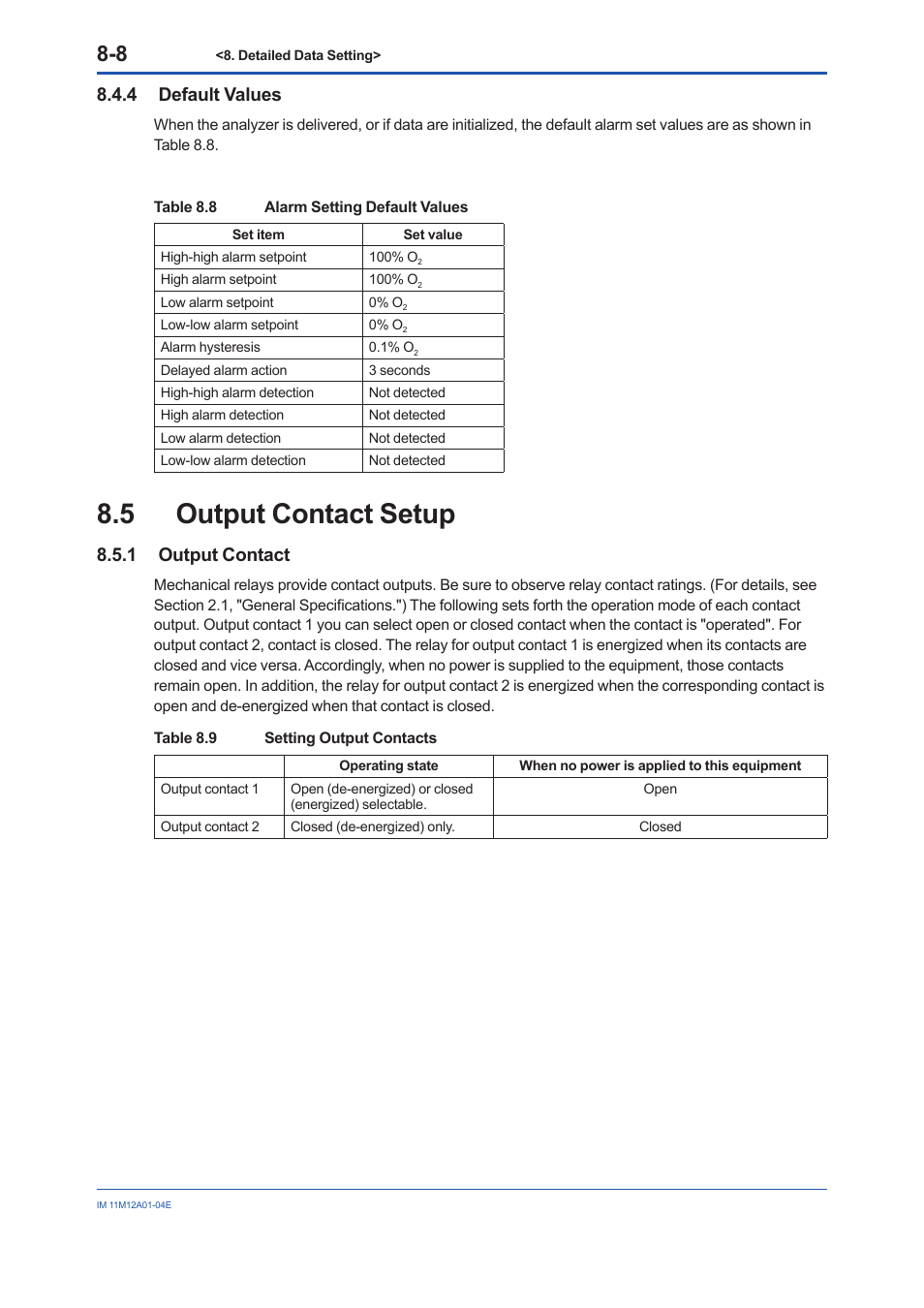 4 default values, 5 output contact setup, 1 output contact | Default values -8, Output contact setup -8 8.5.1, Output contact -8 | Yokogawa Integral Oxygen Analyzer ZR202 User Manual | Page 91 / 157