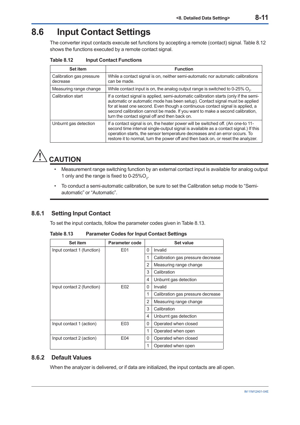 6 input contact settings, 1 setting input contact, 2 default values | Input contact settings -11 8.6.1, Setting input contact -11, Default values -11, Caution | Yokogawa Integral Oxygen Analyzer ZR202 User Manual | Page 94 / 157
