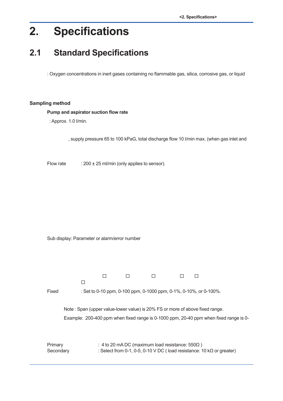 Specifications, 1 standard specifications, Specifications -1 | Standard specifications -1 | Yokogawa Low Concentration (ppm) Zirconia Oxygen Analyzer OX400 User Manual | Page 12 / 67