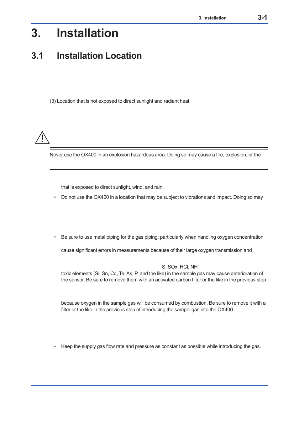 Installation, 1 installation location, Installation -1 | Installation location -1, Warning | Yokogawa Low Concentration (ppm) Zirconia Oxygen Analyzer OX400 User Manual | Page 24 / 67