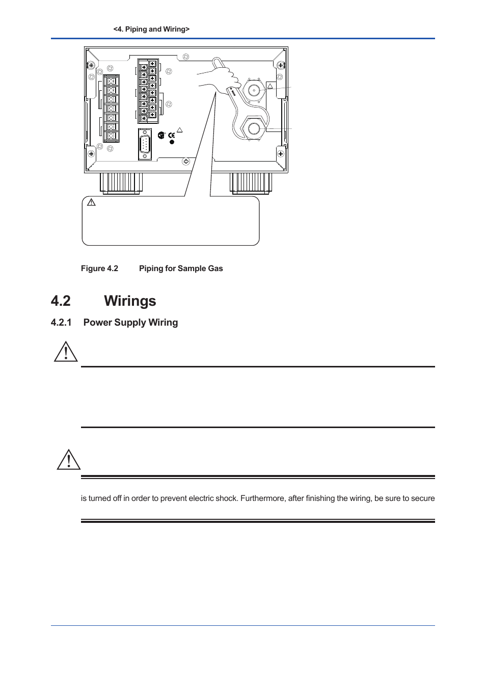 2 wirings, 1 power supply wiring, Wirings -2 4.2.1 | Power supply wiring -2, Caution, Warning, Figure 4.2 piping for sample gas, Piping and wiring | Yokogawa Low Concentration (ppm) Zirconia Oxygen Analyzer OX400 User Manual | Page 29 / 67