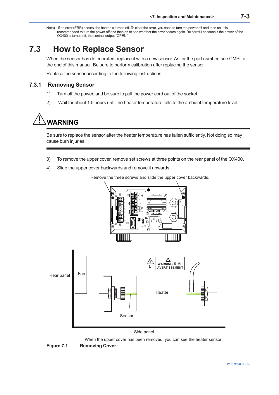 3 how to replace sensor, 1 removing sensor, Warning | Figure 7.1 removing cover, Inspection and maintenance | Yokogawa Low Concentration (ppm) Zirconia Oxygen Analyzer OX400 User Manual | Page 56 / 67