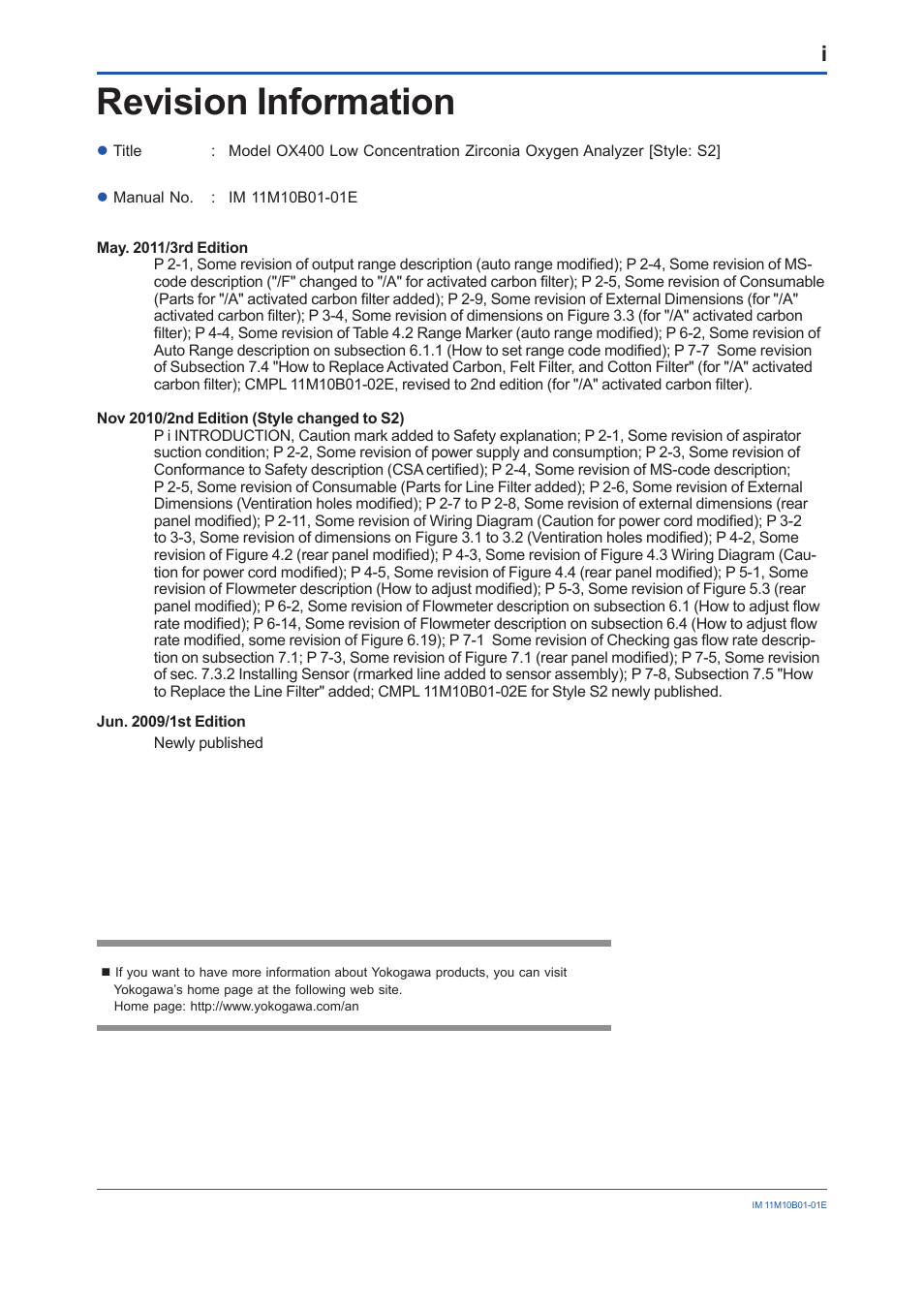 Revision information, Revson informaton | Yokogawa Low Concentration (ppm) Zirconia Oxygen Analyzer OX400 User Manual | Page 66 / 67