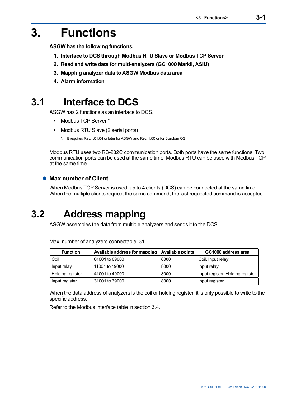 Functions, 1 interface to dcs, 2 address mapping | Functions -1, Interface to dcs -1, Address mapping -1 | Yokogawa GC1000 Mark II Process Gas Chromatograph User Manual | Page 10 / 41