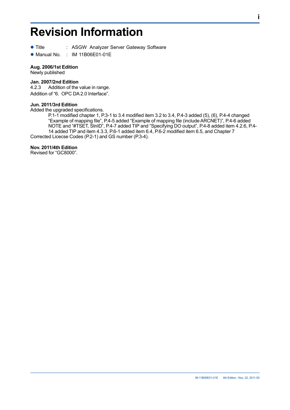 Revision information | Yokogawa GC1000 Mark II Process Gas Chromatograph User Manual | Page 41 / 41